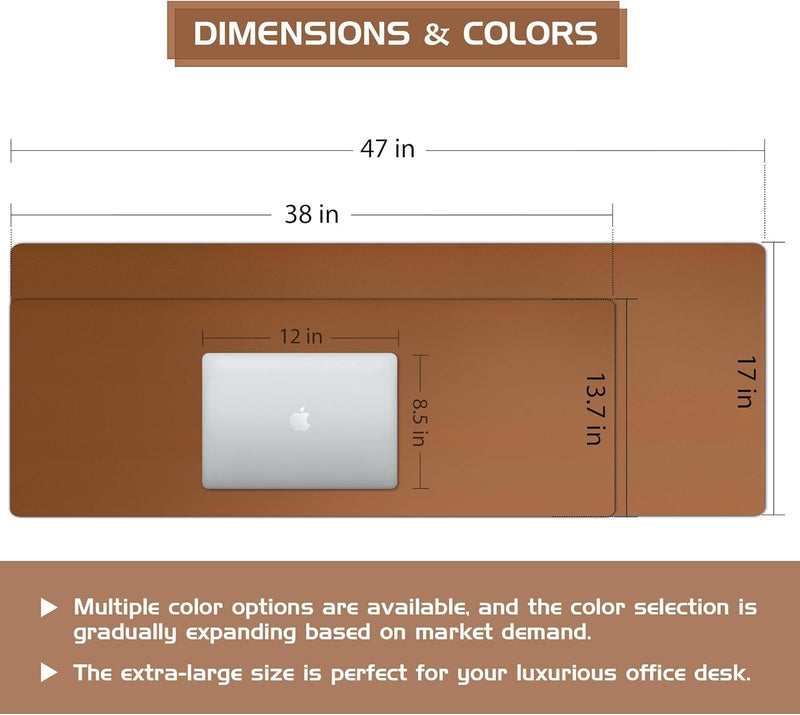 Aothia Leather Desk Pad Protector, Office Mat, Large Mouse Pad, Laptop Desk Pad, Non-Slip PU Leather Blotter, Waterproof Writing Pad for Office and Home (Brown, 47" x 17") - Image 3